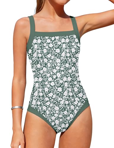 Image of Shallmu Girls Swimsuits Color Block Adjustable Thick Strap One Piece Bathing Suits with Cover Up Skirt Girl's Swimwear 9-16Y