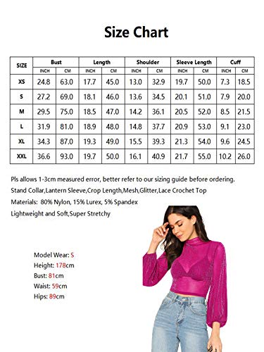 Romwe Women's Bishop Sleeve Glitter Mock Neck Sexy Sheer Mesh Crop Blouse Top Hot Pink Medium #TOP5
