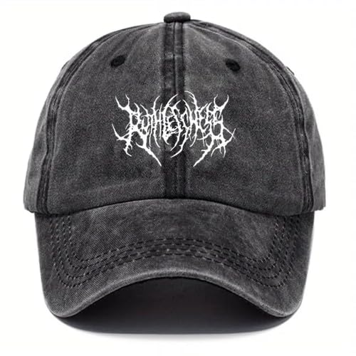 Vintage Washed Baseball Cap, Gothic Printed Logo Design, Grey Denim, 55-60cm Head Circumference, gothic hat
