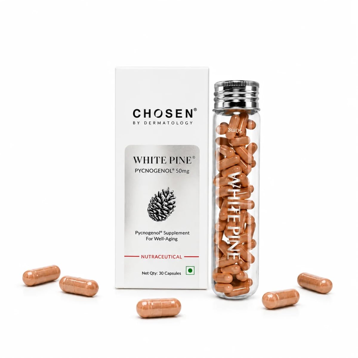 CHOSEN White Pine Pycnogenol® Antioxidant Skin Brightening Supplement | Vegan Capsules for Dark Spots, Pigmentation, Hydrated & Even-Toned Skin | Anti-Aging & UV Protection | 30 Capsules