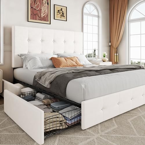 Image of Allewie Upholstered Full Size Platform Bed Frame with 4 Storage Drawers and Adjustable Headboard, Square Button Tufted, Wooden Slats Support, Noise-Free, No Box Spring Needed, Easy Assembly, White