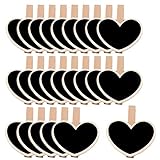 D-Worthy Pack of 24 Heart-Shape Wooden Mini Chalkboard Signs with Clip, Erasable Chalkboard Label Clips Message Memo Boards Clips