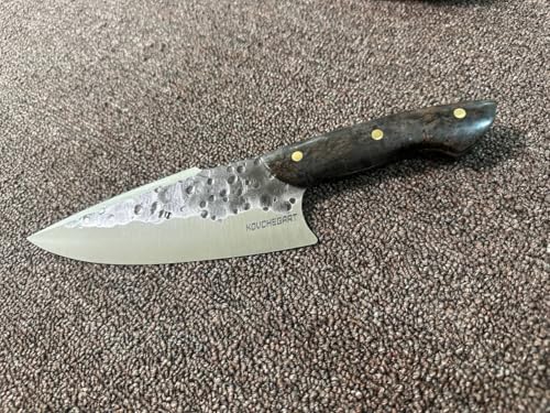 Professional Chef Knife with Hammered Damascus Steel Blade, Black Handle, Triple Brass Rivets, Kitchen Cutlery