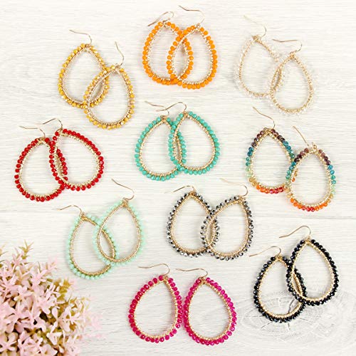 Bohemian Beaded Statement Earrings - Lightweight Sparkly Crystal Teardrop Dangle, Rainbow Marquise, Multi Color Oval Drop, Pearl Hoops (Beaded Hoop Teardrop - Pink) #TOP3