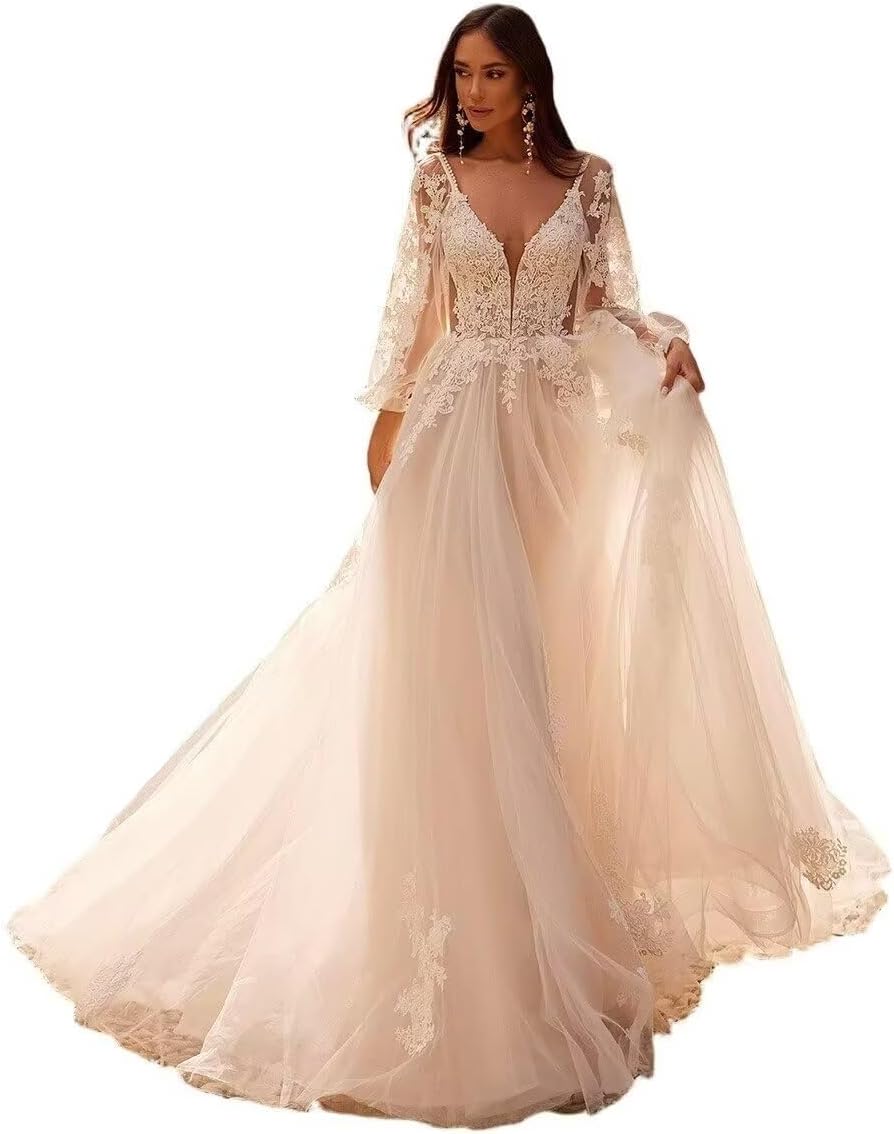 Mermaid Lace Appliques Wedding Dress for Bride 2026 V Neck A line Beach Bridal Wedding Dresses with Train