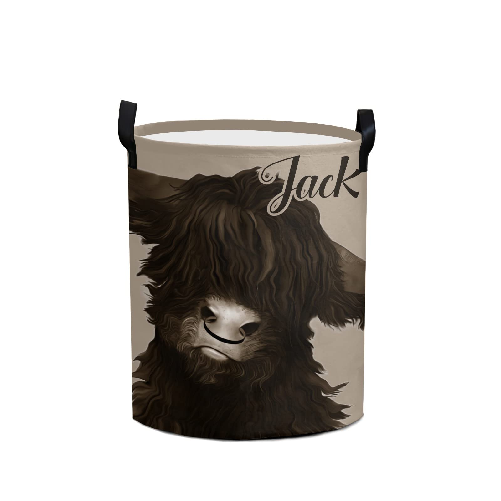 Highland Cow Print Laundry Basket Personalized with Name Custom Dirty Clothes Storage Basket with Handle Foldable Round Storage Bin