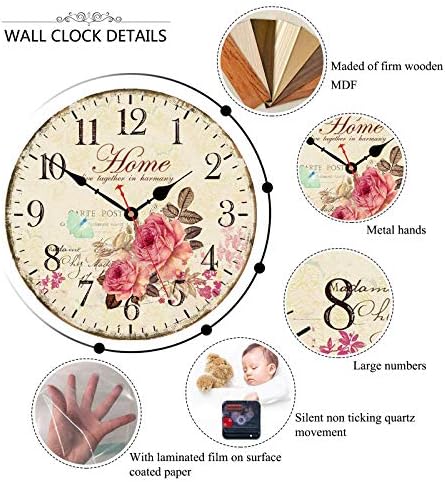 12 In Rose Flowers Wall Clock, Retro Wood Wall Clock for Living Room,Bedrooms and Kitchen,Colorful Quality Quartz Quiet Round Wall Clocks
