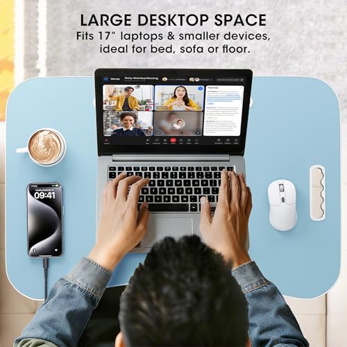 Image of Folding Lap Desk, 23.6 Inch Wood Laptop Bed Desk with Cup Holder, Portable Bed Table for Working Writing Reading & Eating for Bed, Sofa, Couch, Floor - Blue