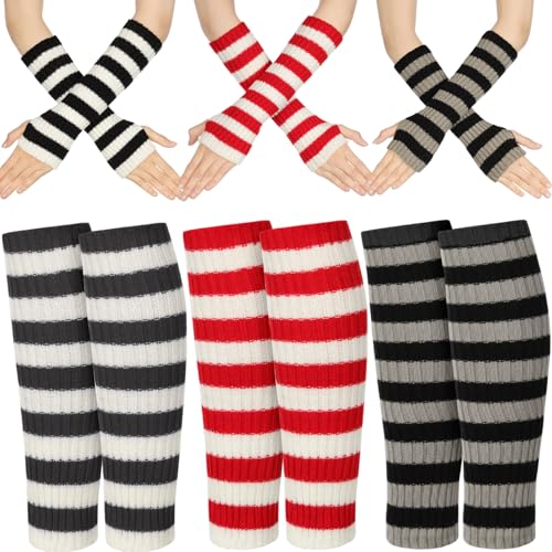 Image of Therwen 6 Pairs Knit Leg Warmers Arm Warmers Set for Women Cable Knit Leg Warmers Knee Warmers Thigh High Socks