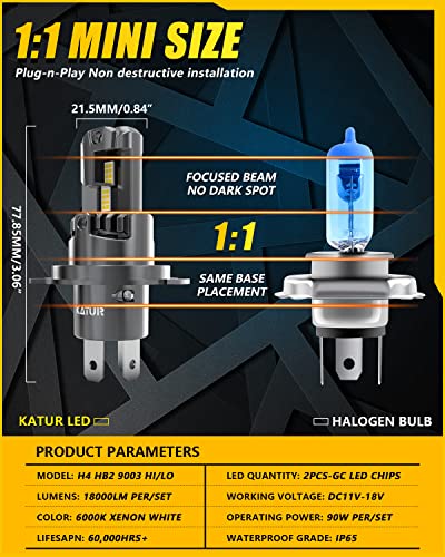 KATUR Ampoule H4 LED 18000LM, 90W 400% Lumière 6000K Blanc Anti Erreur Kit de Conversion LED HB2 9003 Hi/Lo Phares, 1:1 Mini Taille Plug and Play pour Rechange Lampes Halogènes(Pack de 2) – vue 4