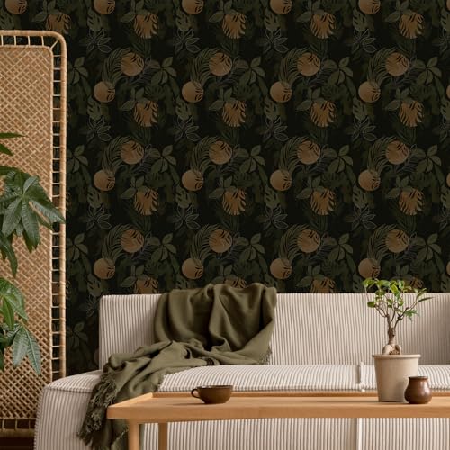 CRE8TIVE Palm Leaf Wallpaper Peel and Stick Tropical Night Moon Wall Paper for Bedroom Bathroom Removable Dark Wallpaper Mural 12"x118" Self Adhesive Waterproof Vinyl Contact Paper for Walls Cabinets