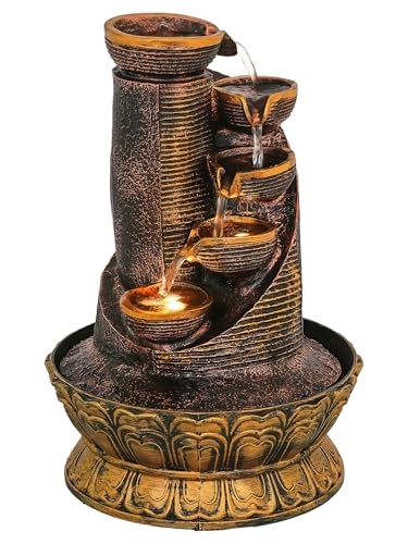 Image of CHRONIKLE Polyresin Antique Designer Table Top Indoor 5 Artistic Steps Waterfall Fountain with Yellow LED Lights & Water Flow Controller Pump (Size: 41 x 25 x 25 CM | Weight: 1980 gram | Color: Multi)