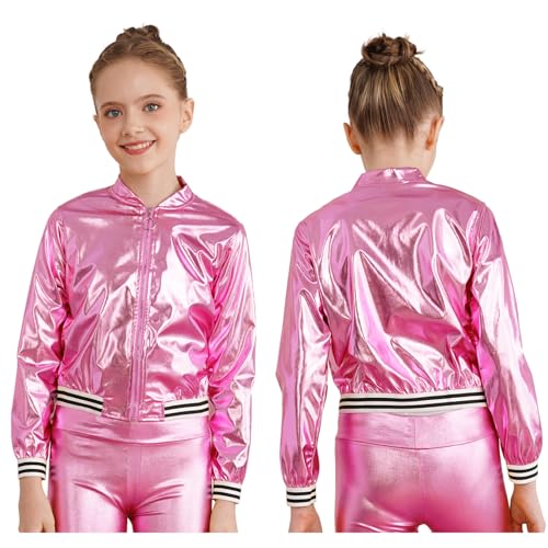 Loyan Kids Girls Metallic Bomber Jacket Coat Zip Up Long Sleeve Jazz Dance Crop Top Windbreaker Outerwear