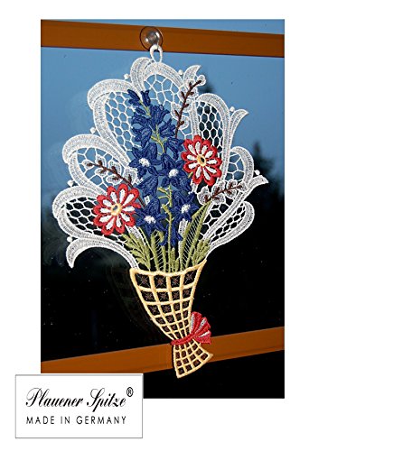 hübsches Fensterbild 24x34 cm + Saugnapf PLAUENER Spitze ® HYAZINTHE Spitzenbild Frühling Sommer Fensterdeko Cover