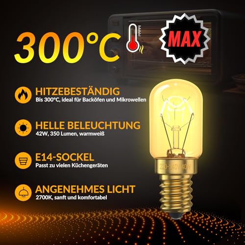 BrightWish Backofenlampe E14-42W (40, watts) - 300 Grad hitzebeständig Dimmbar Warmweiß 4 Stück Glühbirne für Backofen, salzlampe, Mikrowelle, Dunstabzugshaube