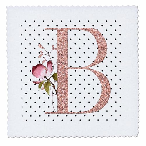 16x16 inch Quilt Square - Monogram Initial B Pink Rose Floral On Black and White Polka Dots Monograms