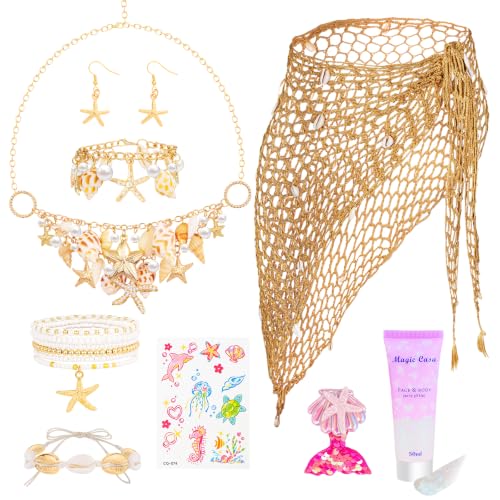 Image of SZCECHRE Mermaid Costume Accessories Set – Crochet Skirt, Starfish Necklace & Earrings, Ankle Bracelets, Pearl Shell Bracelet, Gel Glitter for Beach Party Cosplay Halloween