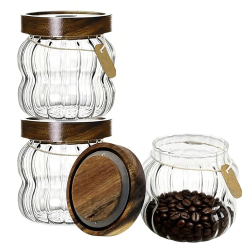 Daily Treasures Set of 3 Stackable Glass Canisters with Acacia Wood Lids - Airtight Storage Jars Easy to Open,Glass Containers with Lids for Tea, Coffee, Sugar, Spices, Dry Foods Storage (350ml)