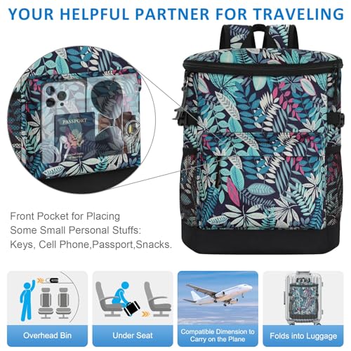Tenot Cooler Backpack 33 Cans Backpack Coolers Insulated Leak Proof Soft Beach Cooler Bag for Men Women Ice Chest Backpack Camping Hiking Picnic Travel Cooler Lunch Backpack Blue Leaves by Tenot - Image 5