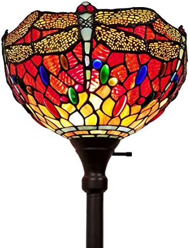 Amora Lighting Tiffany Fashion Ground Lamp Torchiere Torch Standing 72″ Tall Stained Glass Crimson Yellow White Dragonfly Vintage Classic Gentle Decor Bed room Dwelling Room Studying Present AM040FL14B, Multicolor