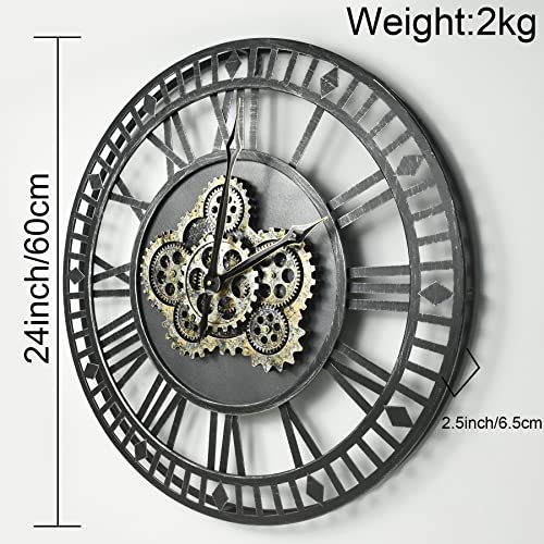 The B-Style 24" Wall Clock With Moving Gears Large Steampunk Industrial Wall Clock Oversized Rustic Vintage Metal Wall Clocks For Living Room Decor Home Office (Black With Silver) #TOP1