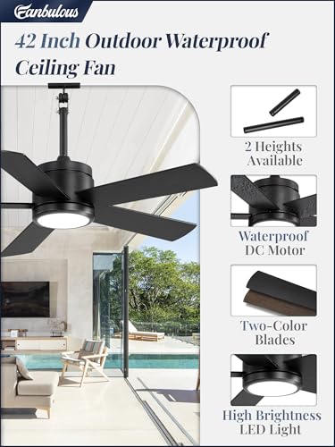 42 In Outdoor Ceiling Fan Hanging Fan Outdoor Ceiling Fans, Waterproof, with Light, Remote, 42 In, Wet Rated, IP65, 6 Speed, 3CCT, Plug in, for Patios, Porch, Gazebo, Black - Image 3