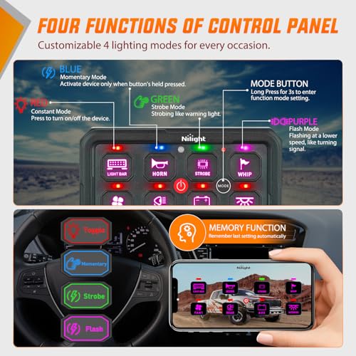 Image of Nilight 8 Gang Switch Panel APP RGB 12V 24V Circuit Control System 4-Mode | w /Power Source Switch APP Remote Control Automatic Dimmable Toggle /Momentary /Strobe /Flash for Car Pickup Truck Camper SUV