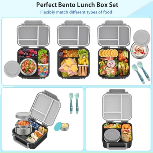 Image of Kids Bento Lunch Box with 9oz Soup Thermo Leakproof Lunch Food Containers 4 Compartment with Insulated Hot Food Jar for Kid Toddler Girls Boys to School, Trvael