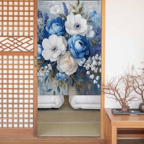 のれん 遮光 おしゃれ 暖簾カーテン 間仕切り 仕切り 目隠し 防寒 防音 厚手 和風 玄関 キッチ リビング 出入り口 グッズ 寝室 春夏秋冬 近代主義 油絵風 田舎 花 植物 アジサイ ぼたんの花 青色 幅75x丈90cm