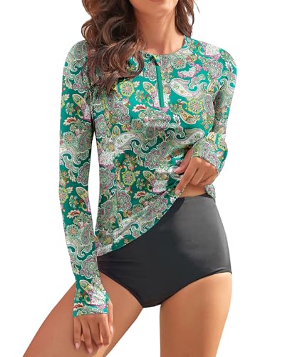 WOWENY Damen Schwimmshirt Langarm 1/4 Zip badeshirt Rashguard Sonnenschutz Swimsuits Bademode surf Shirt Strand Swimming Vest,PZ,M