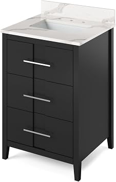 24" Black Katara Vanity, Calacatta Vienna Quartz Vanity Top, undermount rectangle bowl