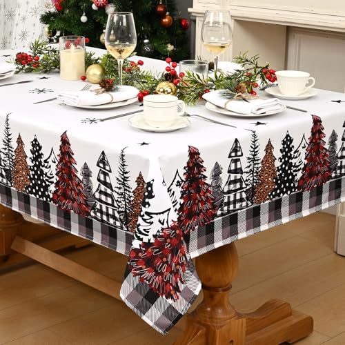 Alishomtll Mantel de Navidad, copos de nieve blanco árbol de Navidad, manteles rectangulares, impermeables y lavables a cuadros, mantel decorativo para fiestas de invierno, 140 x 240 cm