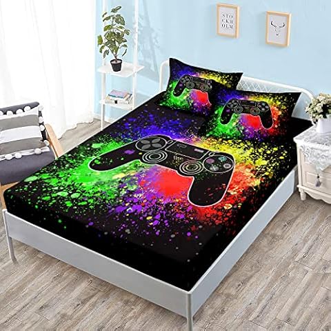 HOSIMA Gaming Bedding Gamepad Fitted Sheet Twin Size and Gamer Bedding Sets for Boys Used to Gamer Room Decor,1 Fitted Sheet+2 Pillowcases Cover