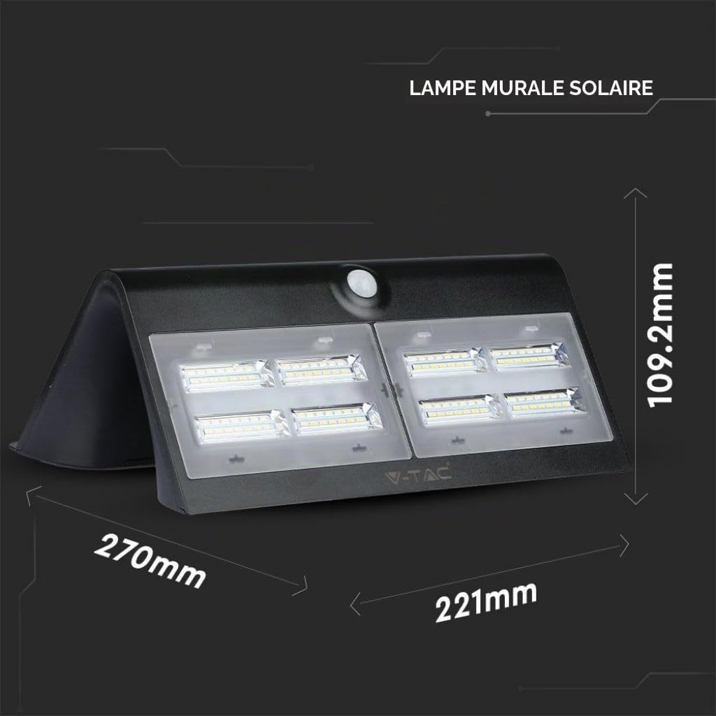 V-TAC Lampe Murale LED 7 W, avec Panneau Solaire et capteur, Noire