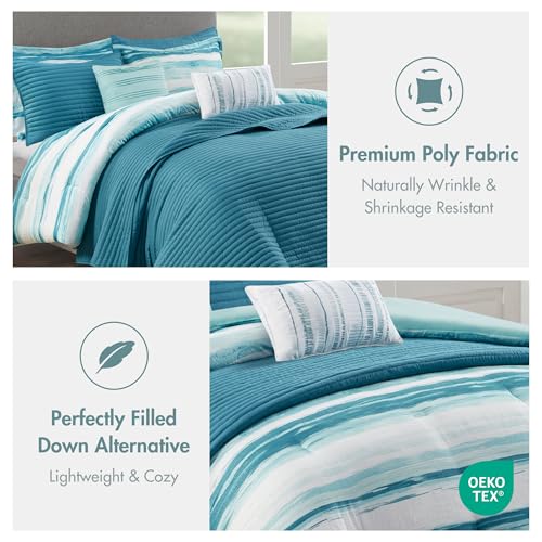 Image of Madison Park Marina Comforter Quilt Combo Set - Modern Luxury Design, All Season Down Alternative Bedding, Matching Shams, Decorative Pillows, King /Cal King(104 inchx92 inch), Aqua 8 Piece
