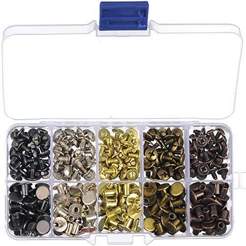 150 Sets Round Flat Head Chicago Screws Buttons Metal Studs Rivets Screwback Spots Metal Nail Rivet Studs for Leather Crafting (Mixed in Box)