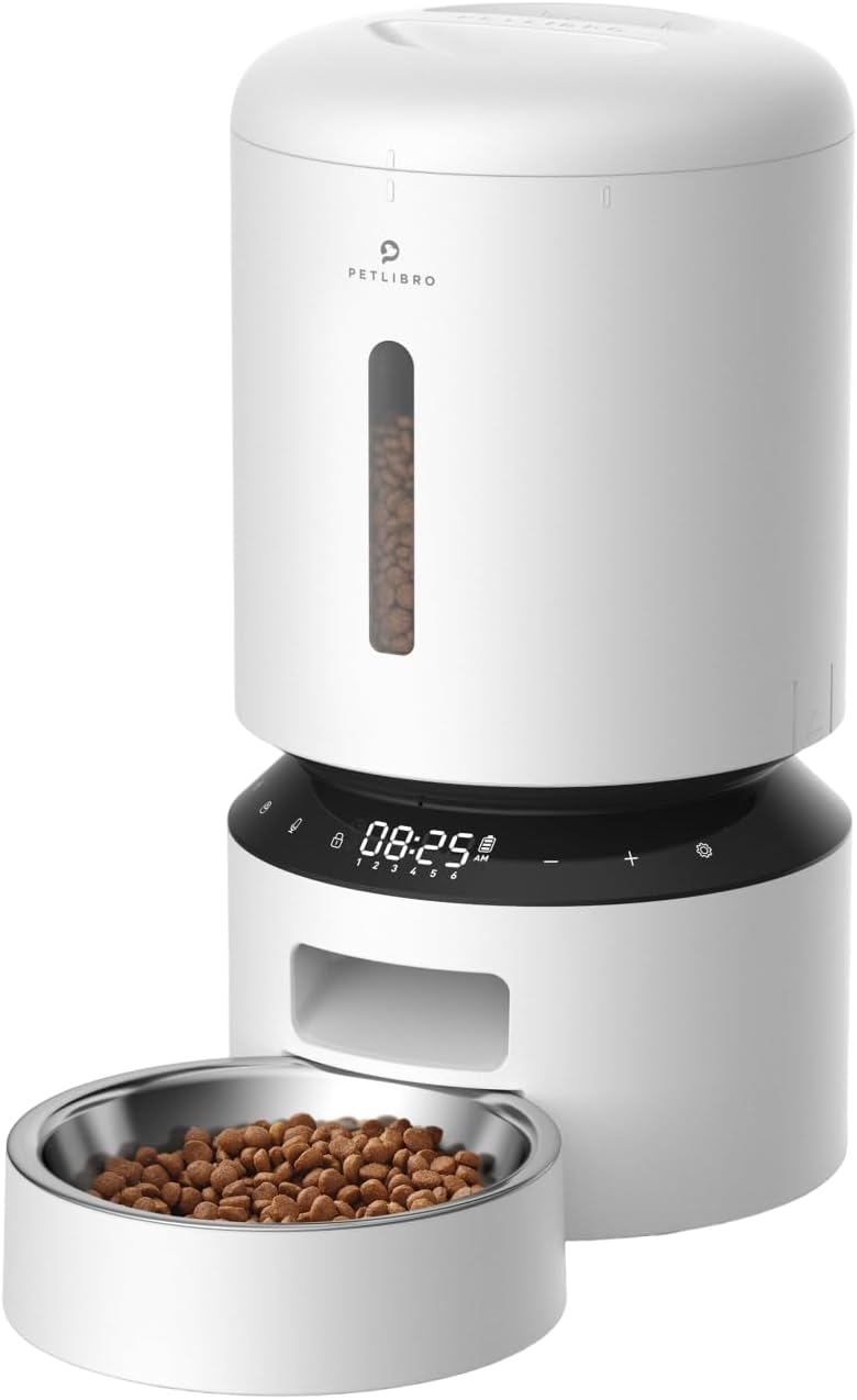 PETLIBRO Automatic Cat Feeder, Pet Food Dispenser Triple Preservation with Stainless Steel Bowl & Twist Lock Lid, Up to 50 Portions 6 Meals Per Day, Granary for Small/Medium Pets (5L, White)