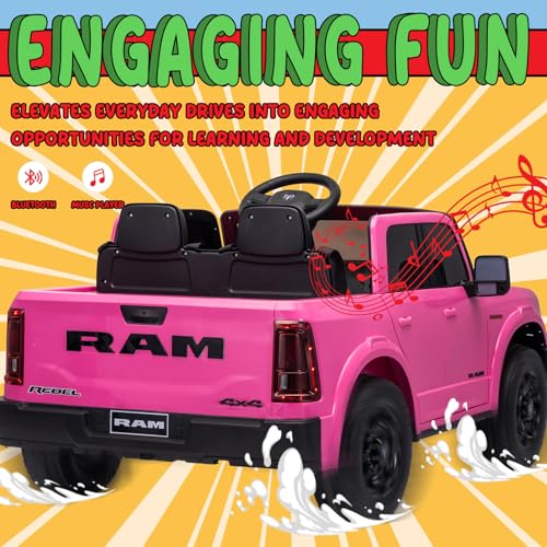 KerryYoo SQ7 Licensed RAM 24V Ride On Truck for Kids, 2 Seater Electric Car with Parent Remote Control, Spring Suspension, Seat Belts, Storage Bed, LED Lights, Music - Pink — view 4
