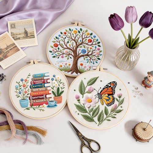 Image of Uniartfy 3 Set Embroidery Kit for Beginners, Butterfly Tree Book Patterns | Flower Stamped Cross Stitch Kits for Adults, Needle Point Kits with Hoop, Needles, Threads, Tools, Instruction & Video, Gift