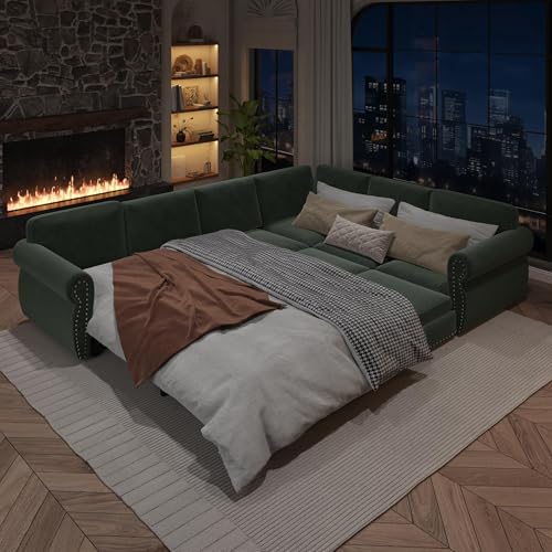 Image of KCGKCG 118 inch Sleeper Sofa Bed, Sectional Couches for Living Room /Apartment, Chenille L Shaped Couch with Pull Out Couch Bed, Convertible Sectional Sofa with Rolled Arm & Nailhead Trim, Green