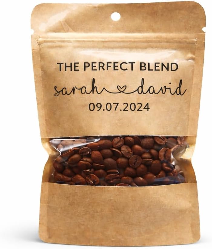 Personalized Kraft Coffee Favor Bags, 50 Pack Custom Wedding & Baby Shower Party Favors, Resealable Stand-Up Pouches with Clear Window, 1–2 oz | Custom Design, Resealable Closure, Stand-Up Pouch, Clear Window Display
