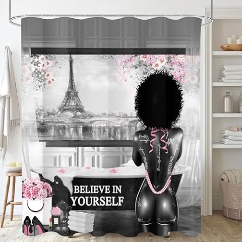 TYAKASHA African American Woman Shower Curtain Waterproof Polyester Fabric Shower Curtain for Bathroom Grey Bathroom Curtain Machine Washable Quick Dry 72 x 72 Inches with 12 Hooks Cover