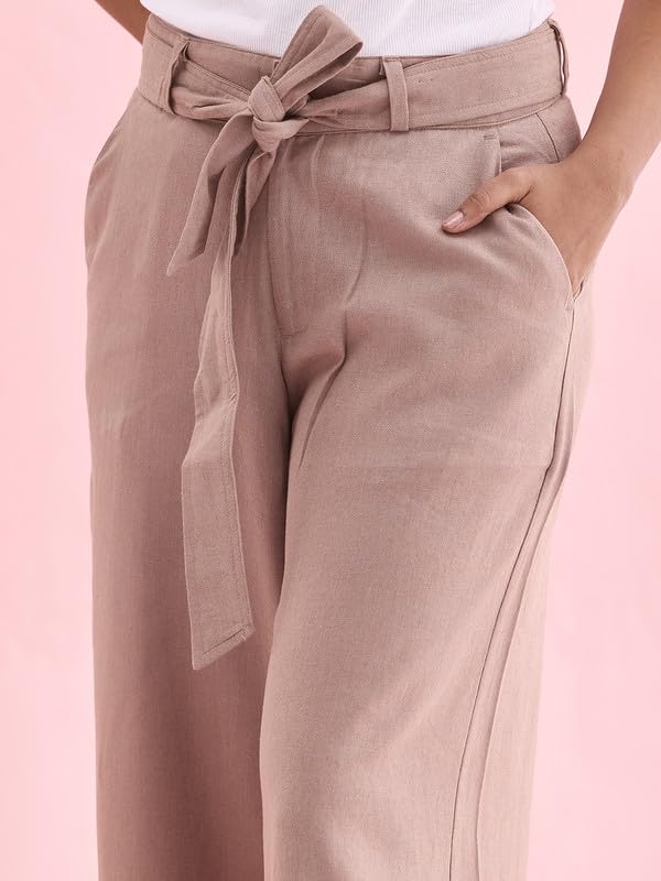 Image of GO COLORS Solid Linen Culottes for Women | High Rise, Side Pockets, Front tie-up