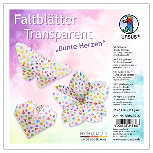 Ursus 38065502 - Transparentpapier-Faltblätter Bunte Herzen, 50 Faltblätter 15 x 15 cm, einseitig bedruckt, zum Basteln und Falten von Figuren, Sternen und Fensterbildern Ursus 38065502 - Transparentpapier-Faltblätter Bunte Herzen, 50 Faltblätter 15 x 15 cm, einseitig bedruckt, zum Basteln und Falten von Figuren, Sternen und Fensterbildern