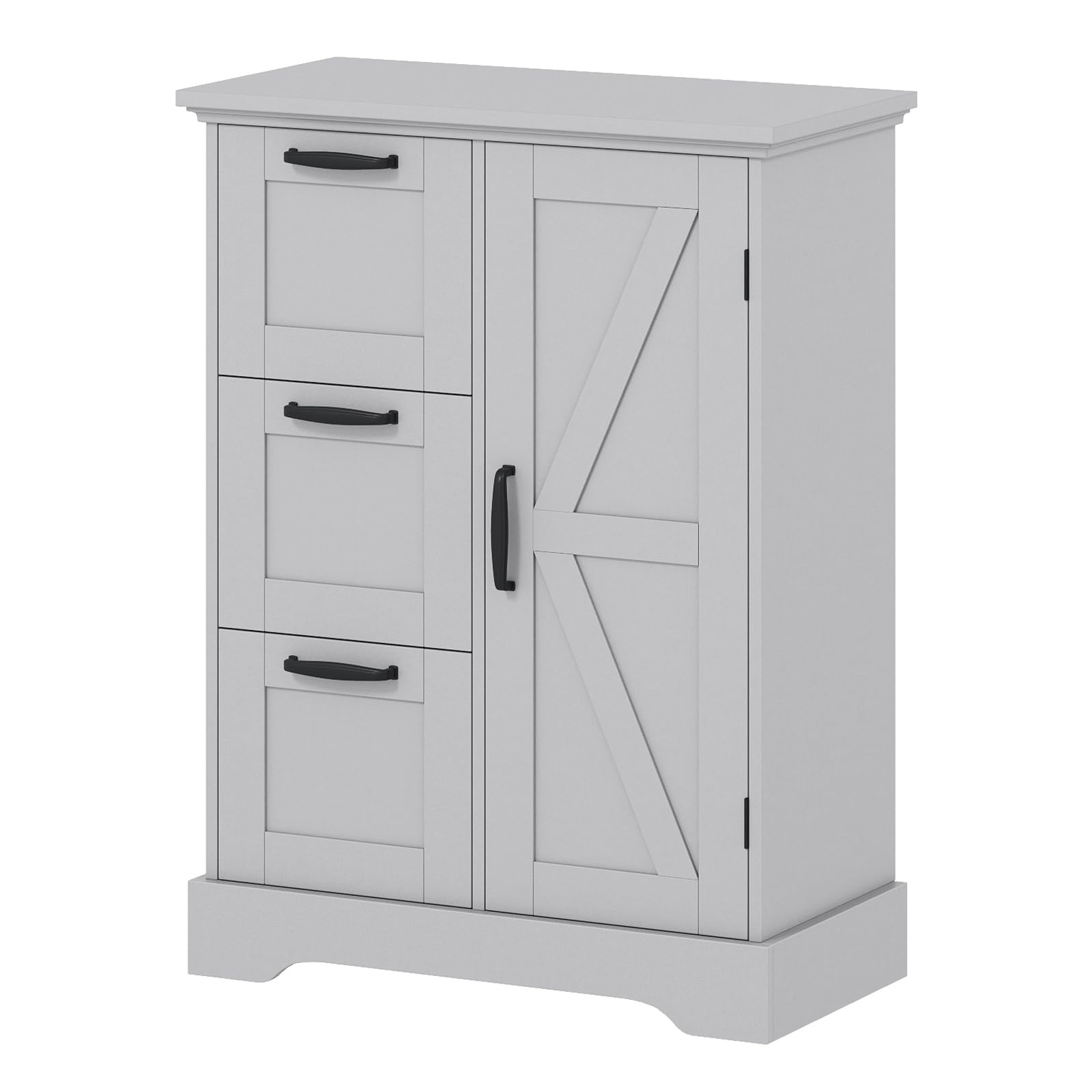 COSTWAY Bathroom Floor Cabinet, Freestanding Storage Cupboard with Barn Door and 3 Drawers, Farmhouse Wooden Bathroom Unit Side Cabinet for Living Room Kitchen Hallway, 60 x 30 x 80cm (Grey)