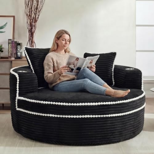 Image of Oversized Round Chair Lounge Chaise Indoor, 54.3 inch Upholstered Corduroy Deep Seat Single Cloud Sofa Chair with Cup Holder, Modern Large Circle Boneless Sleeper Sofa for Living Room, Black