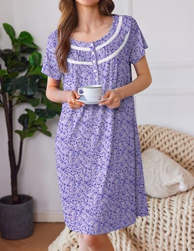 Ekouaer Moo Moos for Women House Dress with Pockets Short Sleeve Mumu Dress Button Down Nightgown Soft Sleepwear S-XXXL4