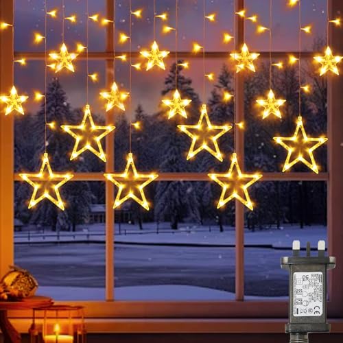 echosari Connectable Star Christmas Window Lights, 138 LED Curtain Lights Mains Powered Waterproof Timer Fairy Lights for Wall Rooftop Wedding Window Christmas Decorations
