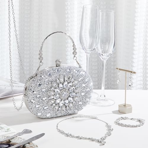 Image of Quelay 4 Pcs Purse Rhinestone Jewelry Set for Wedding Bridal Women Evening Clutch Bag Necklace Dangle Earrings Bracelets