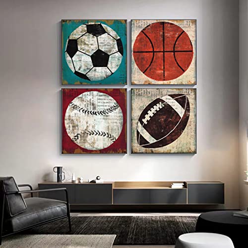 Vintage Americano FúTbol Poster Estampados BéIsbol Baloncesto Lona Pintura Retro Decoracion Estampados Pared Arte Adolescente NiñOs HabitacióN Decoracion 40x40cmx4 Sin Marco Cover